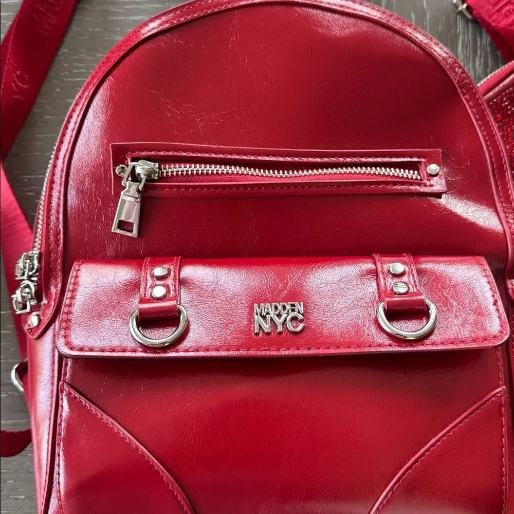 Madden NYC Red Patent Faux Leather Backpack Travel Everyday Wear Bag Casual EUC